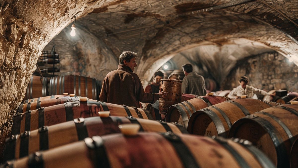 Winemakers inspecting barrels of aging wine in a traditional cellar in Bordeaux.