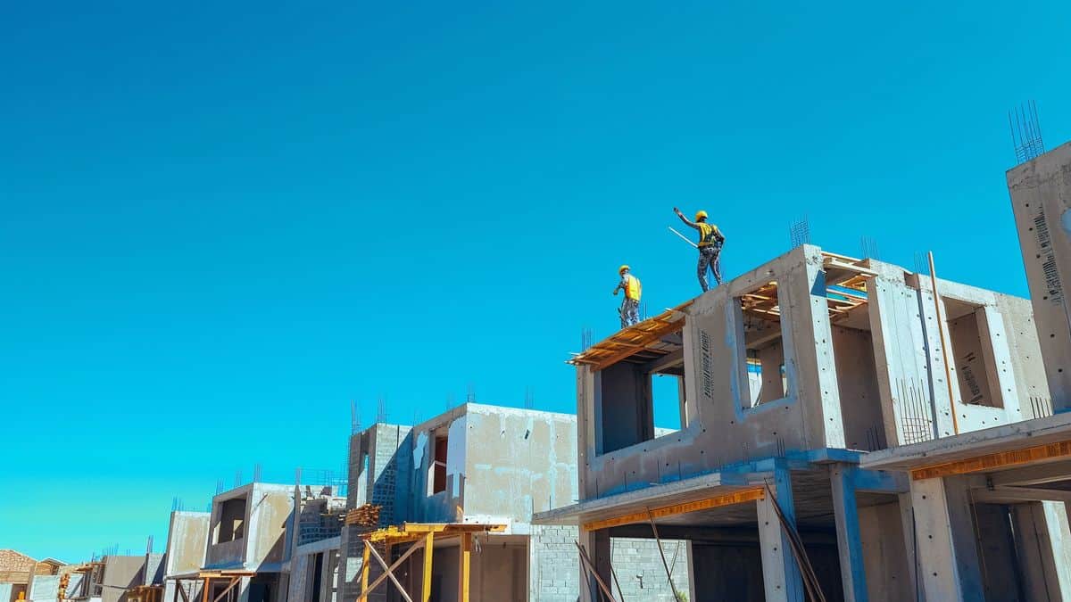 Construction workers building houses under clear blue sky.