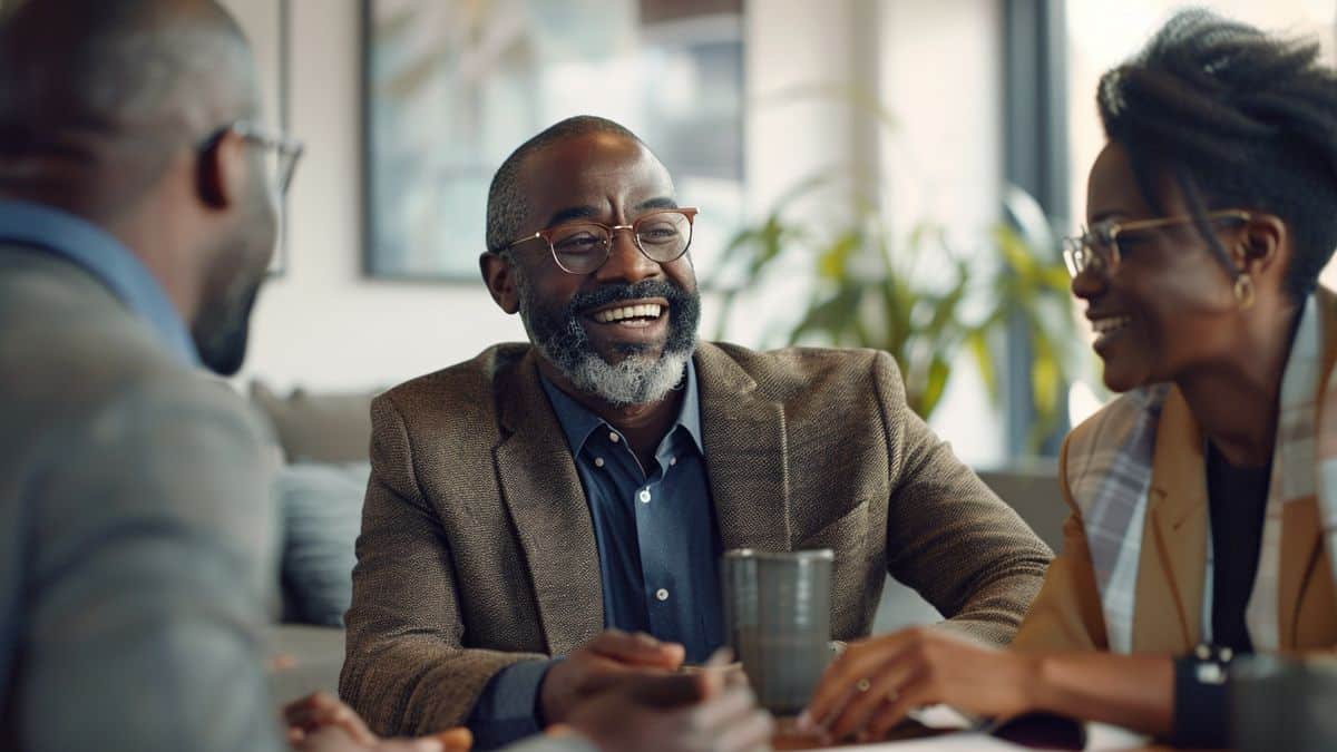 Smiling advisor discussing financial strategies with a couple.