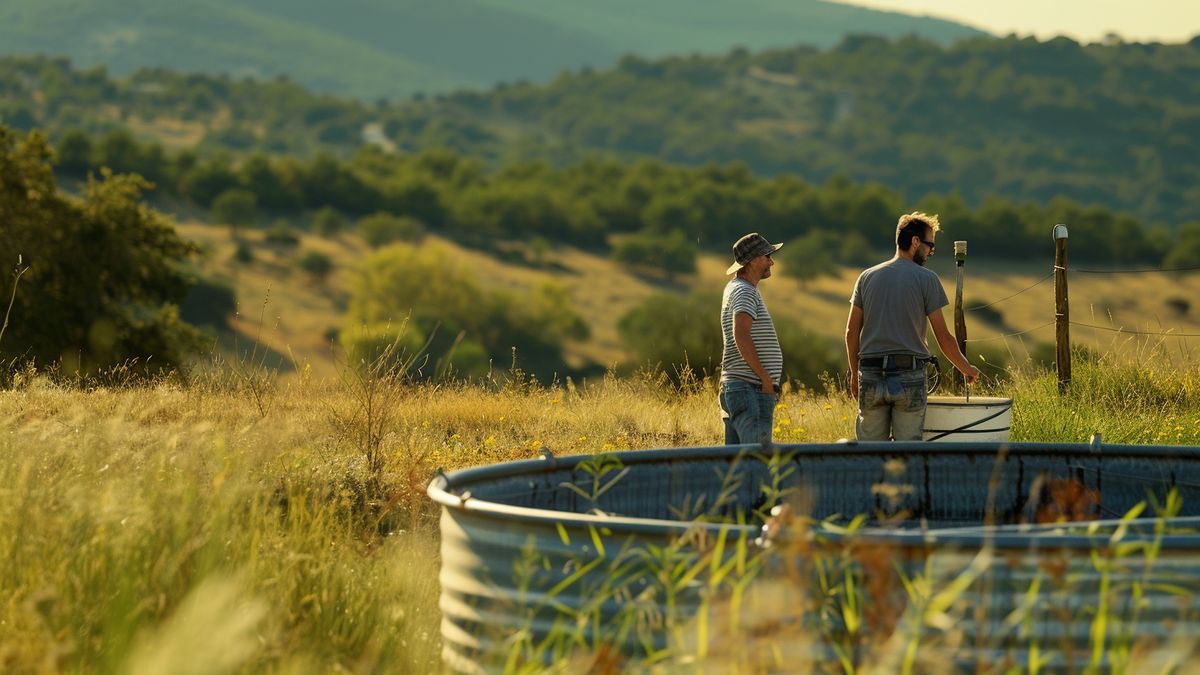 Farmers inspecting rainwater collection systems during a dry season on the Larzac plateau.