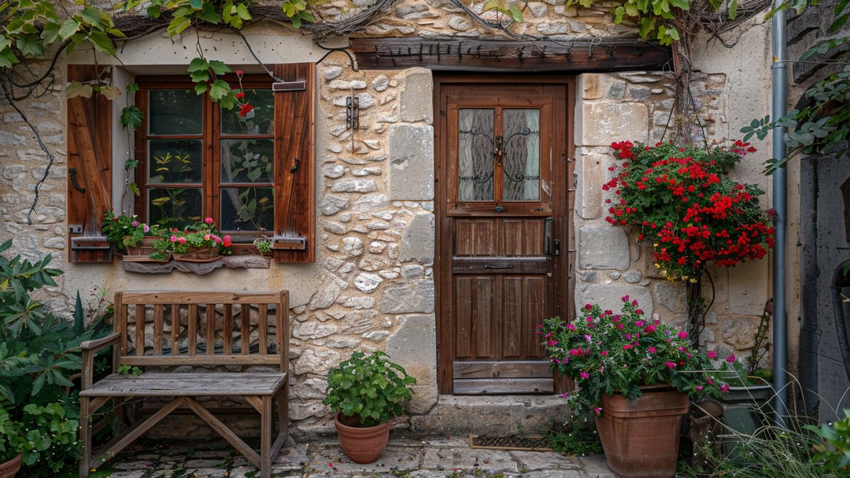 Cozy cottage with blooming flowers and rustic charm in Larzac.