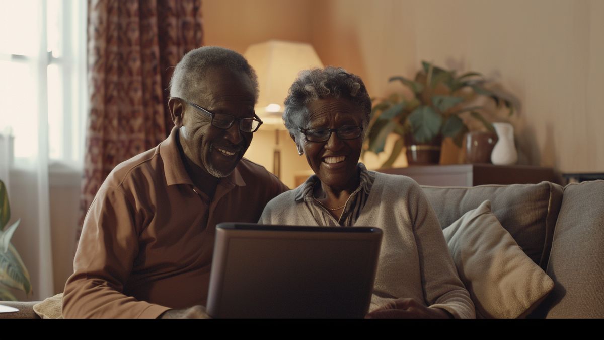 Elderly couple smiling, reviewing their retirement plan on a laptop in a cozy living room.