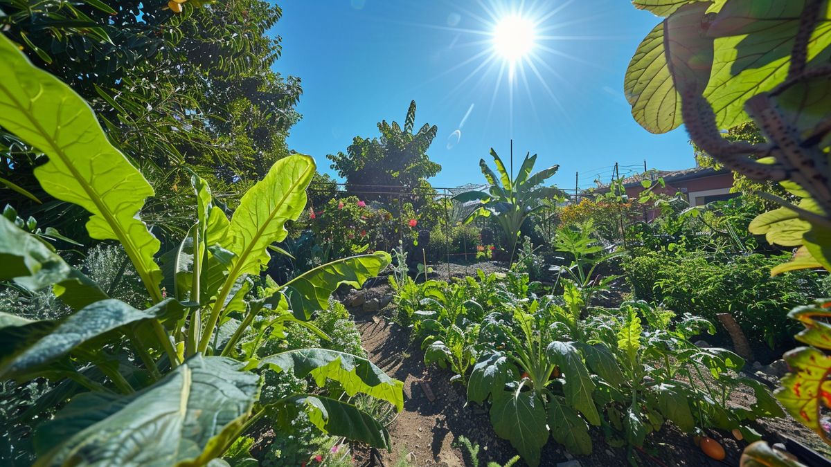 Vibrant vegetable garden with various plants growing under a clear blue sky.