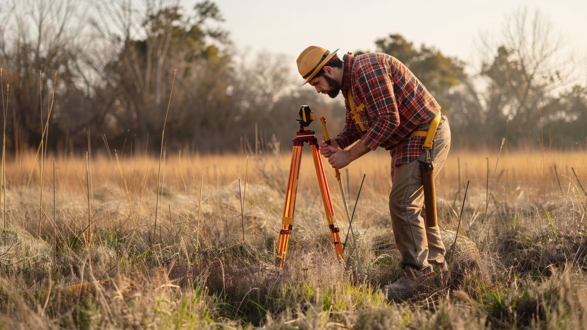 Surveyor marking land boundaries with stakes and measuring tools.