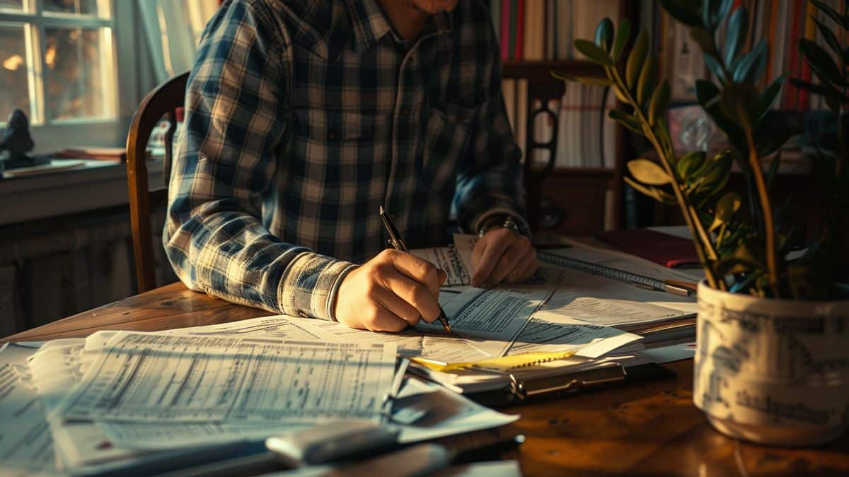 Man filling out tax forms at home with scattered documents around.